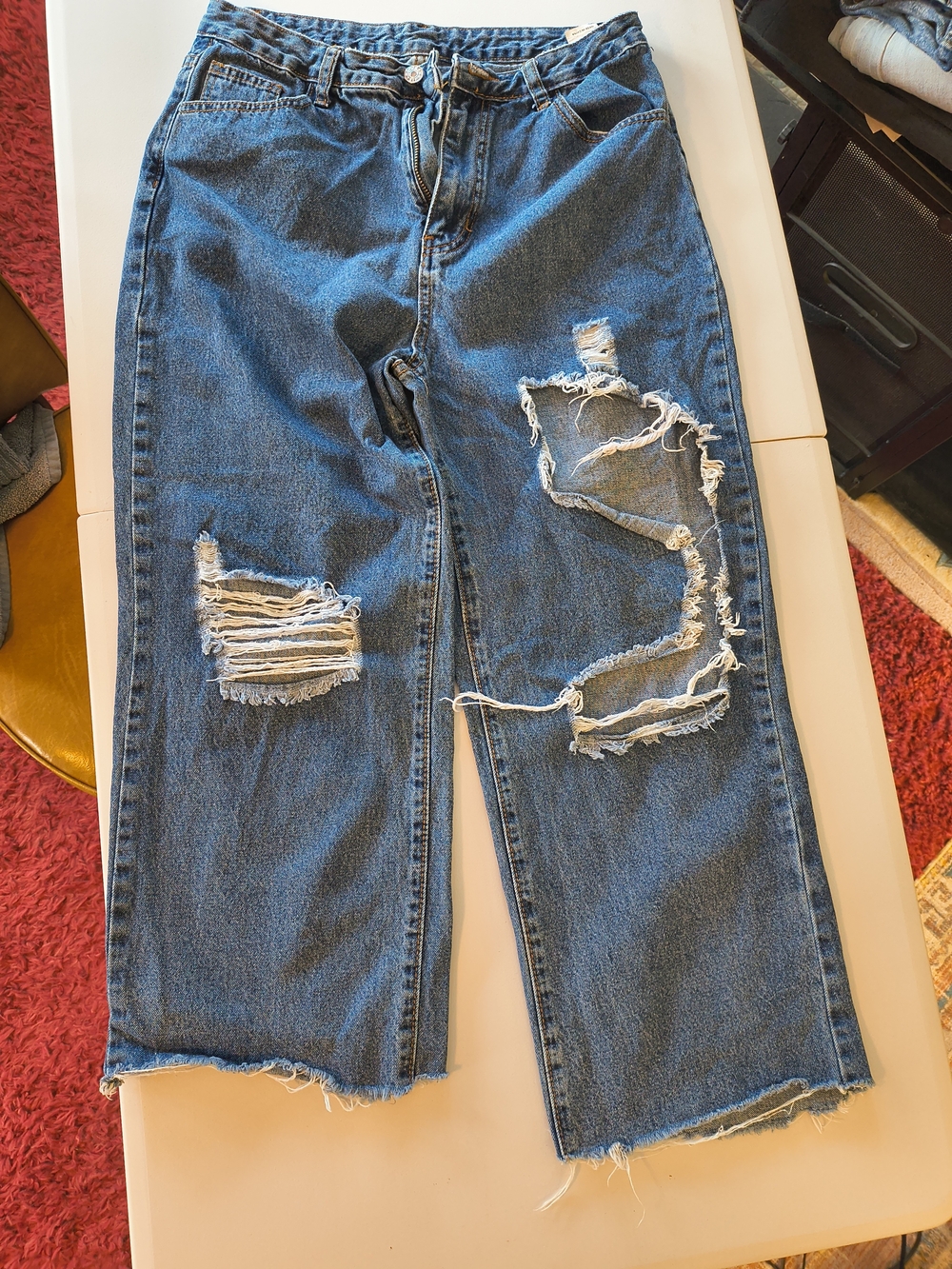 Shein Distressed Blue Wide-Leg Ripped Jeans size large womens